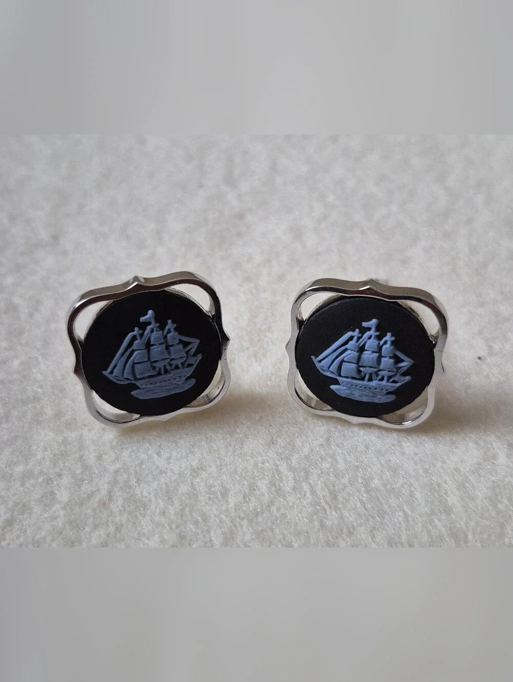 Wedgwood Jasperware Cufflinks Light Blue Ship Cameo Vintage Silver Tone Men's